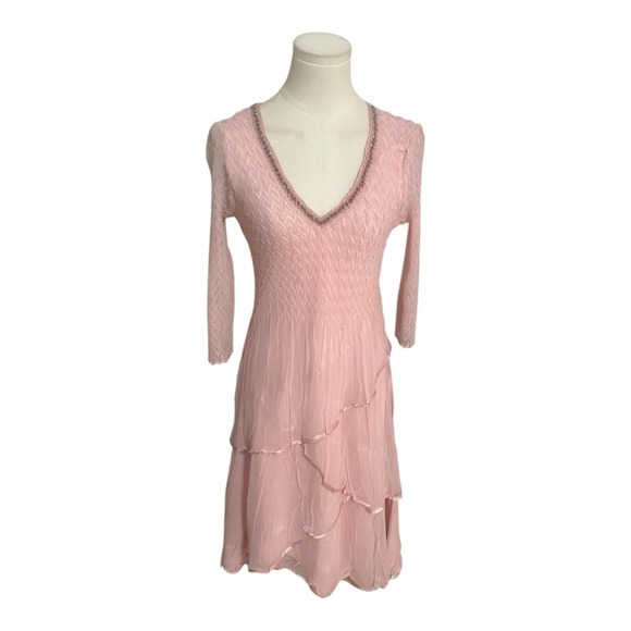 KOMAROV V-NECK EMBELLISHED LAYERED CHIFFON PINK DRESS SIZE S PARTY WEDDING EVENT - Picture 2 of 11